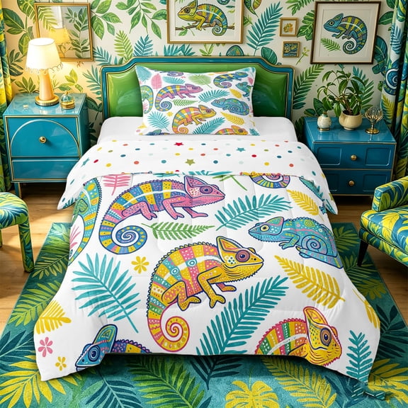 Aikeke Cartoon Animal Lizard Twin Comforter Sets 2pcs, Tropical Leaves Bedding Set, Pink Yellow Teal,1 Comforter and 1 Pillowcase