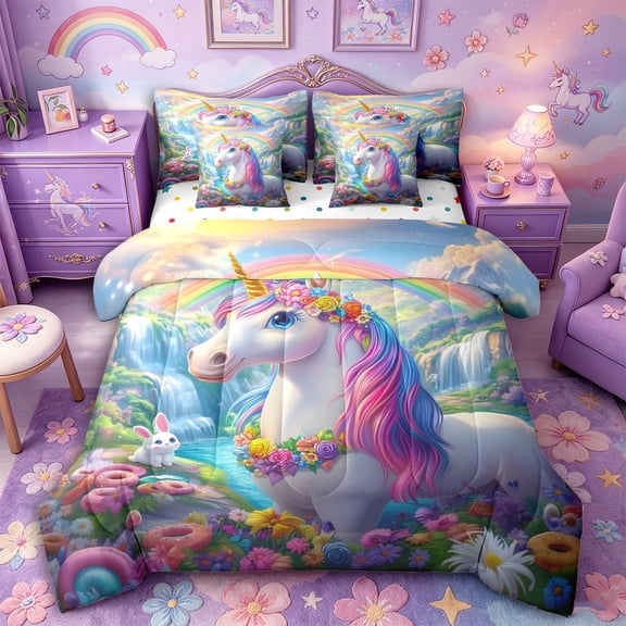 Aikeke Cartoon Animal Unicorn Twin Bedding 7-Piece for Girls, Flowers Rainbow Rabbit Bedding Comforter Set