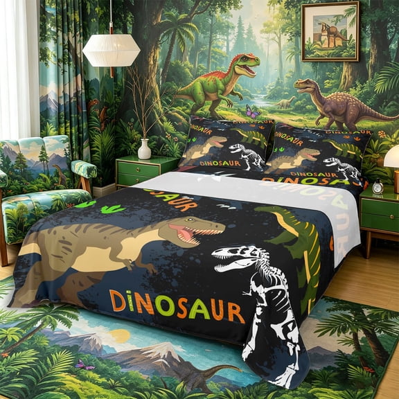 Aikeke Cartoon Dino Queen Sheets 4 Pieces, Graffiti Dinosaur Skeleton Queen Sheet Sets, Brown Black White,1 Fitted Sheet, 1 Flat Sheet and 2 Pillowcases
