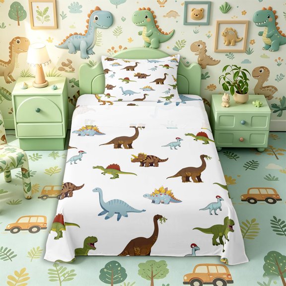Aikeke Cartoon Dino Twin Sheets 3pcs, Jungle Wildlife Bedding, Brown Blue Green,1 Fitted Sheet, 1 Flat Sheet and 1 Pillowcase