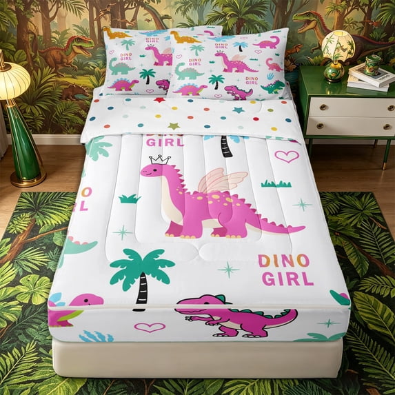 Metsweet Cartoon Dino Zipper Full Size Comforter Sets with Fitted Sheet and 2 Pillowcases, Kawaii Dinosaurs Animal Zipper Bedding Set, Pink Blue Green,4pcs