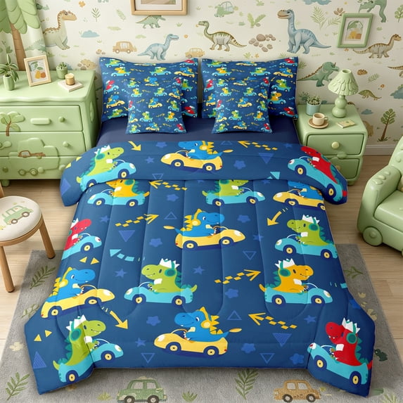 Metsweet Cartoon Dinosaur Full Size Bedding Sets 7 Pieces, Car Theme Full Size Bed in a Bag, Blue Yellow Red,Navy Blue Reversible