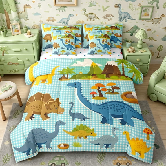Metsweet Cartoon Dinosaur Twin Bedding 7-Piece, Geometric Checkered Bedding Comforter Set, Blue Brown Yellow