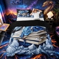 thumbnail image 1 of Metsweet Cartoon Dragon Bedding, Retro Books Animal Print Duvet Cover Full, Blue White Black,Black Reversible,3pcs,1 Duvet Cover and 2 Pillowcases, 1 of 6