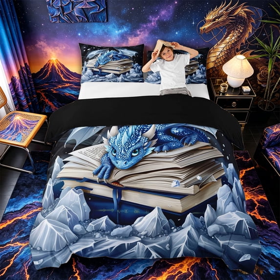Metsweet Cartoon Dragon Bedding, Retro Books Animal Print Duvet Cover Full, Blue White Black,Black Reversible,3pcs,1 Duvet Cover and 2 Pillowcases