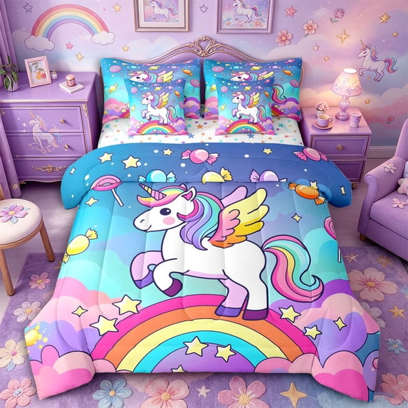 Metsweet Cartoon Unicorn Full Size Bedding Sets 7 Pieces, Cute Rainbow Animal Full Size Bed in a Bag, Blue Pink