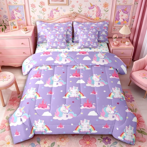 Metsweet Cartoon Unicorn Full Size Bedding Sets 7 Pieces, Princess Castle Rainbow Full Size Bed in a Bag