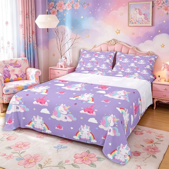 Metsweet Cartoon Unicorn Queen Sheets 4 Pieces, Princess Castle Rainbow Queen Sheet Sets,1 Fitted Sheet, 1 Flat Sheet and 2 Pillowcases
