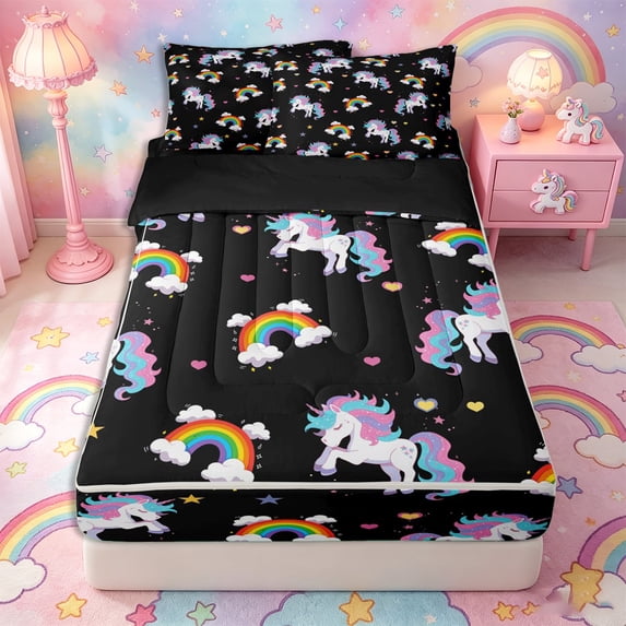 Metsweet Cartoon Unicorn Rainbow Zipper Full Size Comforter Sets with Fitted Sheet and 2 Pillowcases, Stars Love Heart Print Zipper Bedding Set,4pcs,Black Reversible