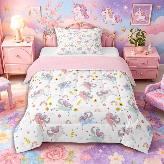 Aikeke Cartoon Unicorn Twin Comforter Sets 2pcs, Flower Rainbow Animal Bedding Set,Pink Reversible,1 Comforter and 1 Pillowcase