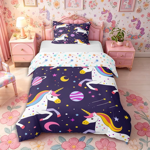Metsweet Cartoon Unicorn Twin Duvet Cover, Galaxy Planet Twin Bedding, Dark Purple,2pcs,1 Duvet Cover and 1 Pillowcase