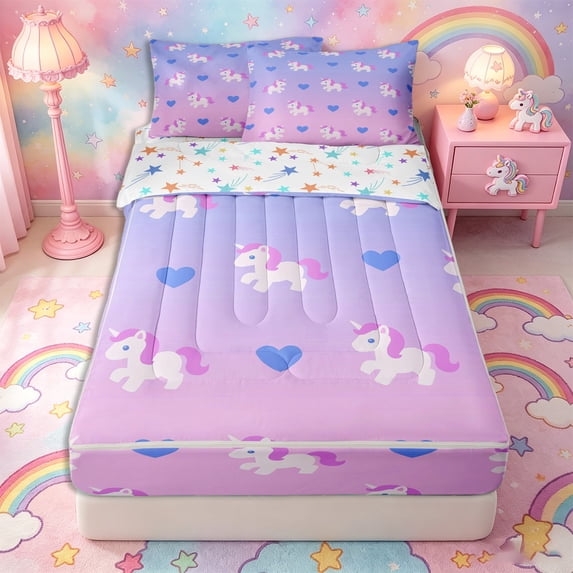 Metsweet Cartoon Unicorn Zipper Twin Comforter Sets with Fitted Sheet and 2 Pillowcases, Love Heart Gradient Zipper Bedding Set, Pink Blue Purple,4-Piece