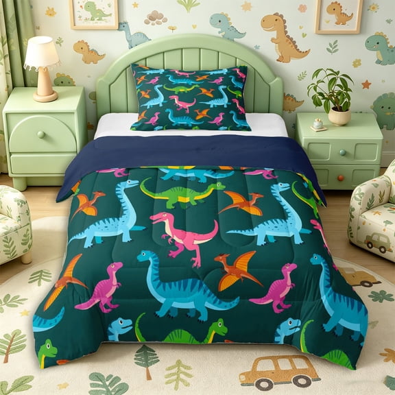 Metsweet Colorful Animal Dinosaur Twin Comforter Sets 2pcs, Wildlife Teal Prehistoric Bedding Set, Pink Orange Green,Navy Blue Reversible,1 Comforter and 1 Pillowcase
