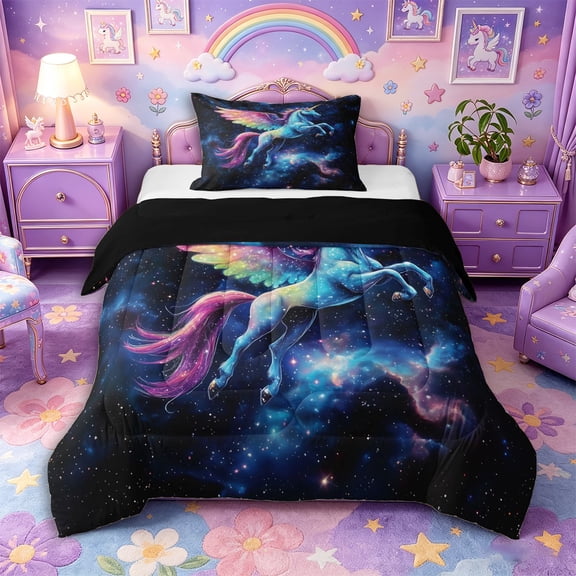 Aikeke Colorful Animal Unicorn Twin Comforter Sets 2pcs, Cosmic Galaxy Bedding Set, Blue Black Pink,Black Reversible,1 Comforter and 1 Pillowcase