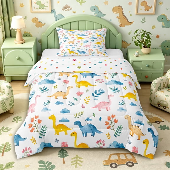 Aikeke Colorful Dino Twin Comforter Sets 2pcs, Floral Animal Bedding Set, Yellow Pink White,1 Comforter and 1 Pillowcase