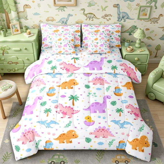 Metsweet Colorful Dinosaurs King Bedding 7pcs, Cartoon Animal Dino King Bed in a Bag, Black Pink Purple