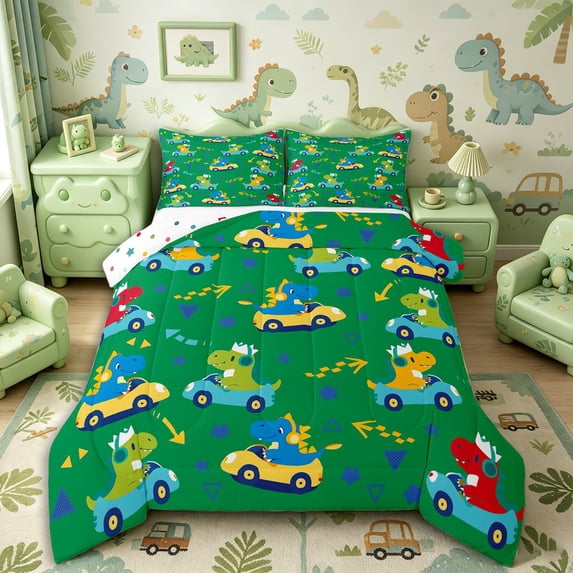 Metsweet Cute Dino Car King Size Comforter Sets 3pcs, Kawaii Animal Comforters King Size, Green Yellow Red,1 Comforter and 2 Pillowcases