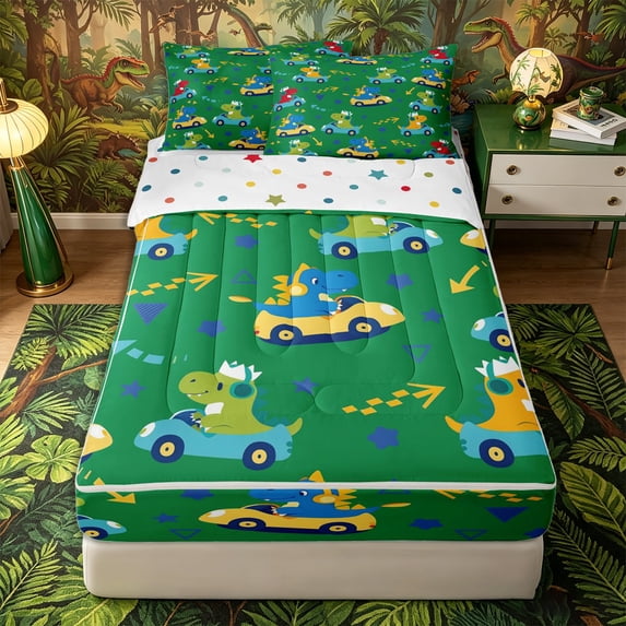 Metsweet Cute Dino Car Zipper Full Size Comforter Sets with Fitted Sheet and 2 Pillowcases for Boys, Kawaii Animal Zipper Bedding Set, Green Yellow Red,4pcs