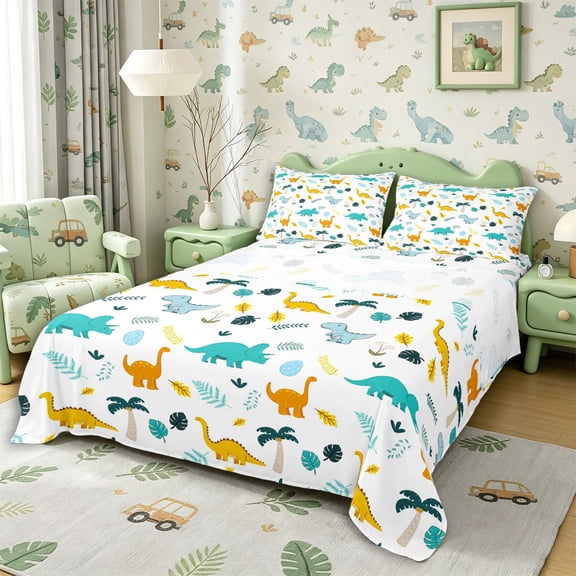 Metsweet Cute Dino Queen Sheets 4 Pieces, Tropical Leaves Queen Sheet Sets, Teal Yellow,1 Fitted Sheet, 1 Flat Sheet and 2 Pillowcases