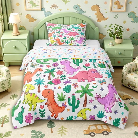 Metsweet Cute Dino Triceratops Tyrannosaurus Rex Twin Comforter Sets 2pcs, Kawaii Flower Butterfly Palm Tree Bedding Set,1 Comforter and 1 Pillowcase