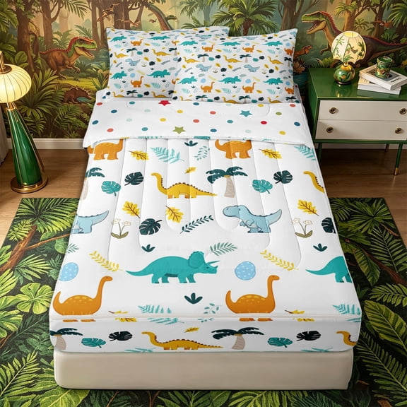 Metsweet Cute Dino Zipper Full Size Comforter Sets with Fitted Sheet and 2 Pillowcases, Tropical Leaves Zipper Bedding Set, Teal Yellow,4pcs