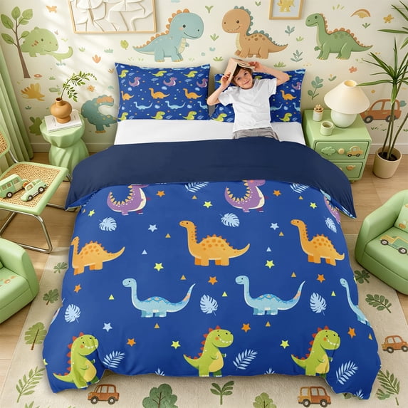 Metsweet Cute Dinosaur Bedding, Stars Print Duvet Cover Full, Green Purple Blue,Navy Blue Reversible,3pcs,1 Duvet Cover and 2 Pillowcases