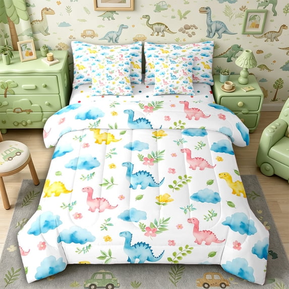 Metsweet Cute Dinosaur King Bedding 7pcs, Flower Wildlife Dino King Bed in a Bag, Blue Yellow White