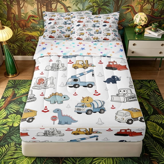 Metsweet Cute Dinosaur Zipper Twin Comforter Sets with Fitted Sheet and 2 Pillowcases, Cartoon Construction Truck Zipper Bedding Set,4-Piece