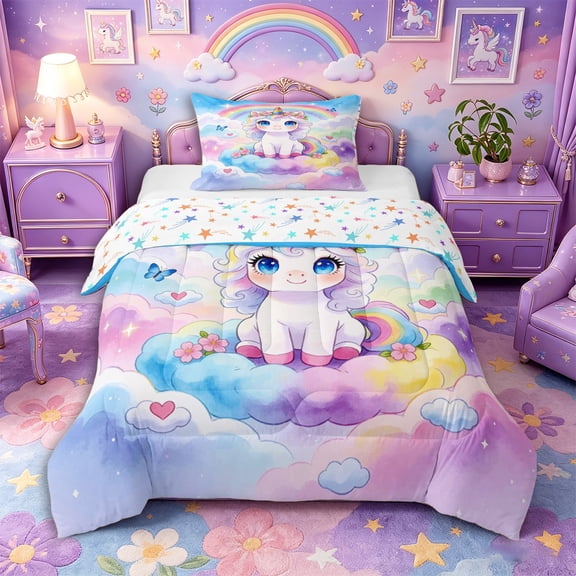 Aikeke Cute Floral Unicorn Twin Comforter Sets 2pcs, Watercolor Rainbow Flowers Animal Bedding Set, Pink Yellow Blue,1 Comforter and 1 Pillowcase