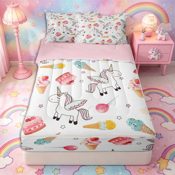Metsweet Cute Magic Horse Zipper Twin Comforter Sets with Fitted Sheet and 2 Pillowcases, Dessert Ice Cream Cake Zipper Bedding Set,4-Piece,Pink Reversible