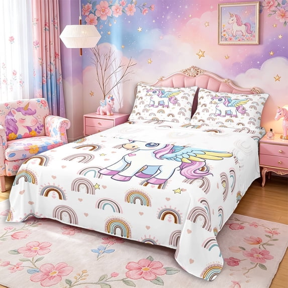 Metsweet Cute Magical Unicorn Bed Sheets 4-Piece, Kawaii Rainbow Full Size Sheets,1 Fitted Sheet, 1 Flat Sheet and 2 Pillowcases
