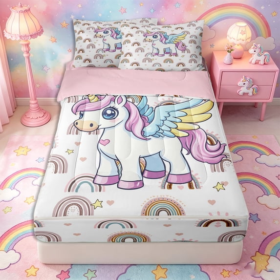 Metsweet Cute Magical Unicorn Zipper Twin Comforter Sets with Fitted Sheet and 2 Pillowcases, Kawaii Rainbow Zipper Bedding Set,4-Piece,Pink Reversible