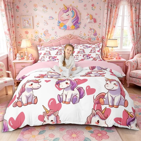 Metsweet Cute Unicorn Duvet Cover King, Love Heart Print King Bedding, Pink White,Pink Reversible,3 Pieces,1 Duvet Cover and 2 Pillowcases