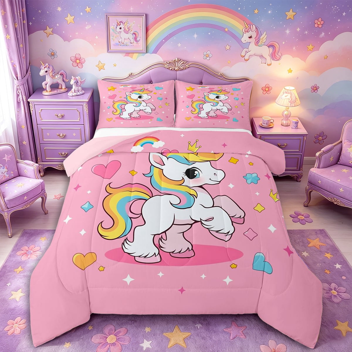 Aikeke Cute Unicorn Full Size Comforter Sets 3-Piece, Cartoon Animal ...