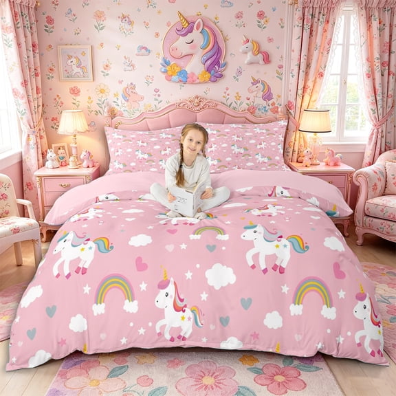 Metsweet Cute Unicorn Rainbow Bedding, Love Heart Stars Print Duvet Cover Full,Pink Reversible,3pcs,1 Duvet Cover and 2 Pillowcases