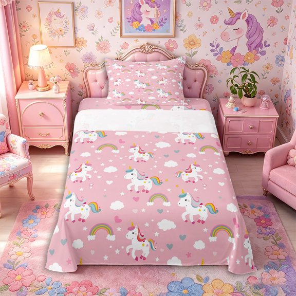 Metsweet Cute Unicorn Rainbow Twin Sheets 3pcs, Love Heart Stars Print Bedding,1 Fitted Sheet, 1 Flat Sheet and 1 Pillowcase