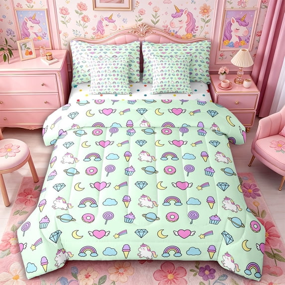 Metsweet Cute Unicorn Twin Bedding 7-Piece, Rainbow Animal Bedding Comforter Set, Green Pink Purple