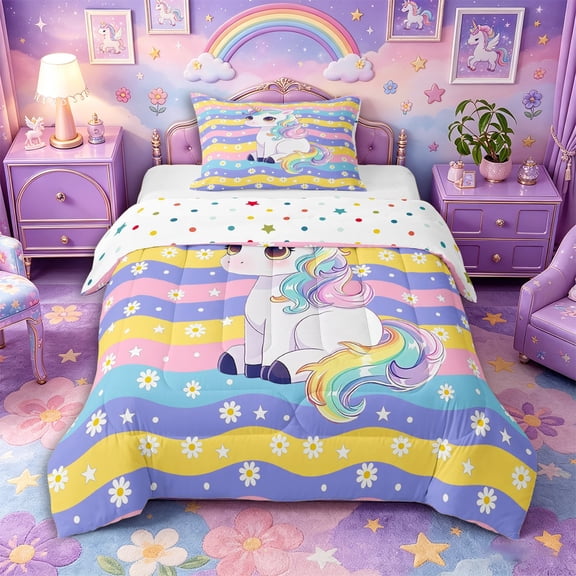 Aikeke Cute Unicorn Twin Comforter Sets 2pcs, Colorful Stripes Daisy Bedding Set,1 Comforter and 1 Pillowcase