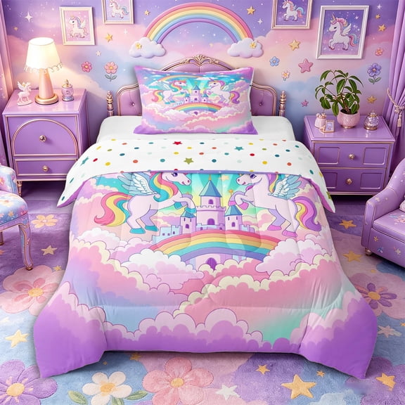 Aikeke Cute Unicorn Twin Comforter Sets 2pcs, Princess Castle Rainbow Bedding Set,1 Comforter and 1 Pillowcase