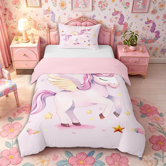 Metsweet Cute Unicorn Twin Duvet Cover, Dreamy Animal Horse Twin Bedding, Pink Yellow White,Pink Reversible,2pcs,1 Duvet Cover and 1 Pillowcase