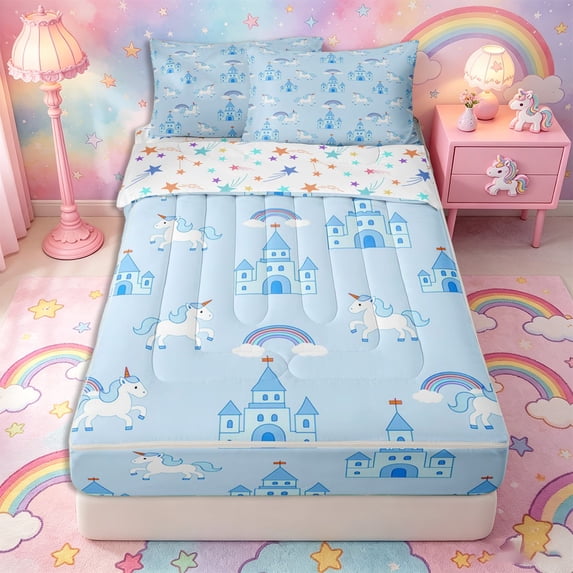 Metsweet Cute Unicorn Zipper Full Size Comforter Sets with Fitted Sheet and 2 Pillowcases, Princess Rainbow Castle Zipper Bedding Set, Blue White,4pcs