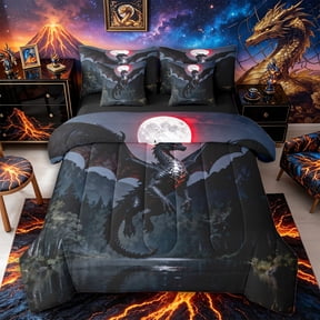 Metsweet Dark Dragon Twin Bedding 7-Piece, Gothic Animal Bedding Comforter Set, Black Red Gray,Black Reversible
