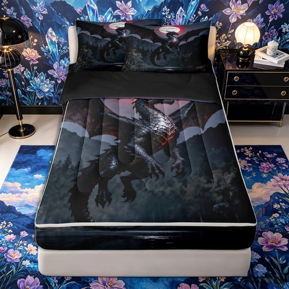 Metsweet Dark Dragon Zipper Twin Comforter Sets with Fitted Sheet and 2 Pillowcases, Gothic Animal Zipper Bedding Set, Black Red Gray,4-Piece,Black Reversible
