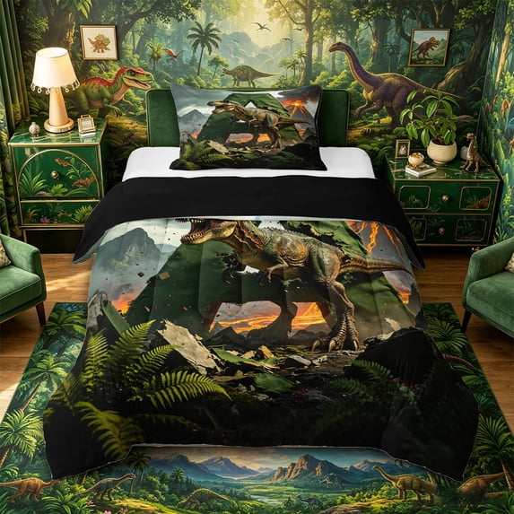 Metsweet Dino Green Letter A Twin Comforter Sets 2pcs, Volcano Tyrannosaurus Rex Bedding Set,Brown Orange,Black Reversible,1 Comforter and 1 Pillowcase