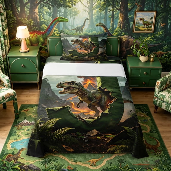 Metsweet Dino Green Letter J Twin Sheets 3pcs, Volcano Tyrannosaurus Rex Bedding,Brown Orange,1 Fitted Sheet, 1 Flat Sheet and 1 Pillowcase