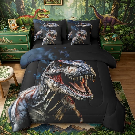 Aikeke Dino T-Rex Twin Bedding 7-Piece, Wildlife Dinosaur Bedding Comforter Set, Gray Black Red,Black Reversible