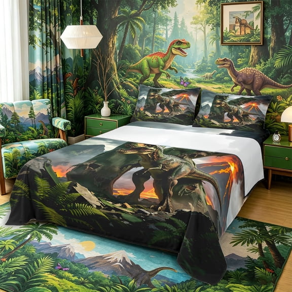 Aikeke Dino Tyrannosaurus Rex Bed Sheets 4-Piece, Volcano Letter K Full Size Sheets, Green Brown,1 Fitted Sheet, 1 Flat Sheet and 2 Pillowcases