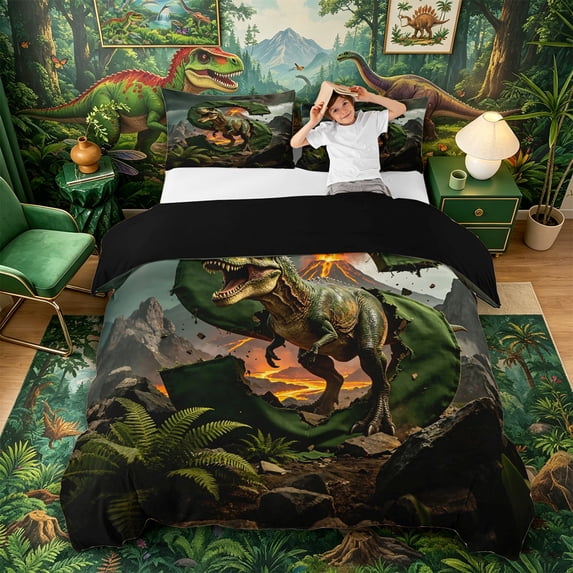 Metsweet Dino Tyrannosaurus Rex Duvet Cover Queen, Volcano Letter S Queen Bedding, Green Brown,Black Reversible,3-Piece,1 Duvet Cover and 2 Pillowcases