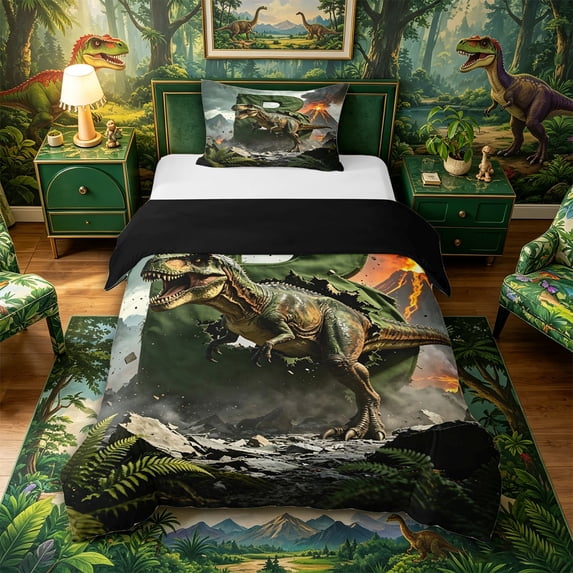 Metsweet Dino Tyrannosaurus Rex Twin Duvet Cover, Volcano Letter B Twin Bedding, Green Brown,Black Reversible,2pcs,1 Duvet Cover and 1 Pillowcase