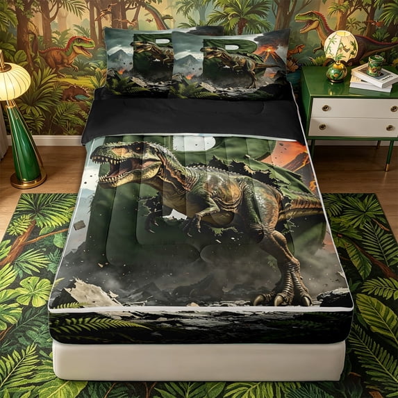 Metsweet Dino Tyrannosaurus Rex Zipper Full Size Comforter Sets with Fitted Sheet and 2 Pillowcases, Volcano Letter B Zipper Bedding Set, Green Brown,4pcs,Black Reversible